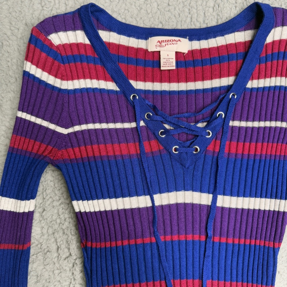 Arizona Jeans ribbed lace up striped sweater top blue purple white size S Y2K - Picture 3 of 8